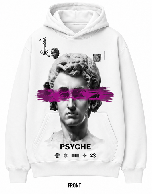 RIGHT GO Psyche white oversized hoodie with Greek bust and magenta brushstroke graphic print