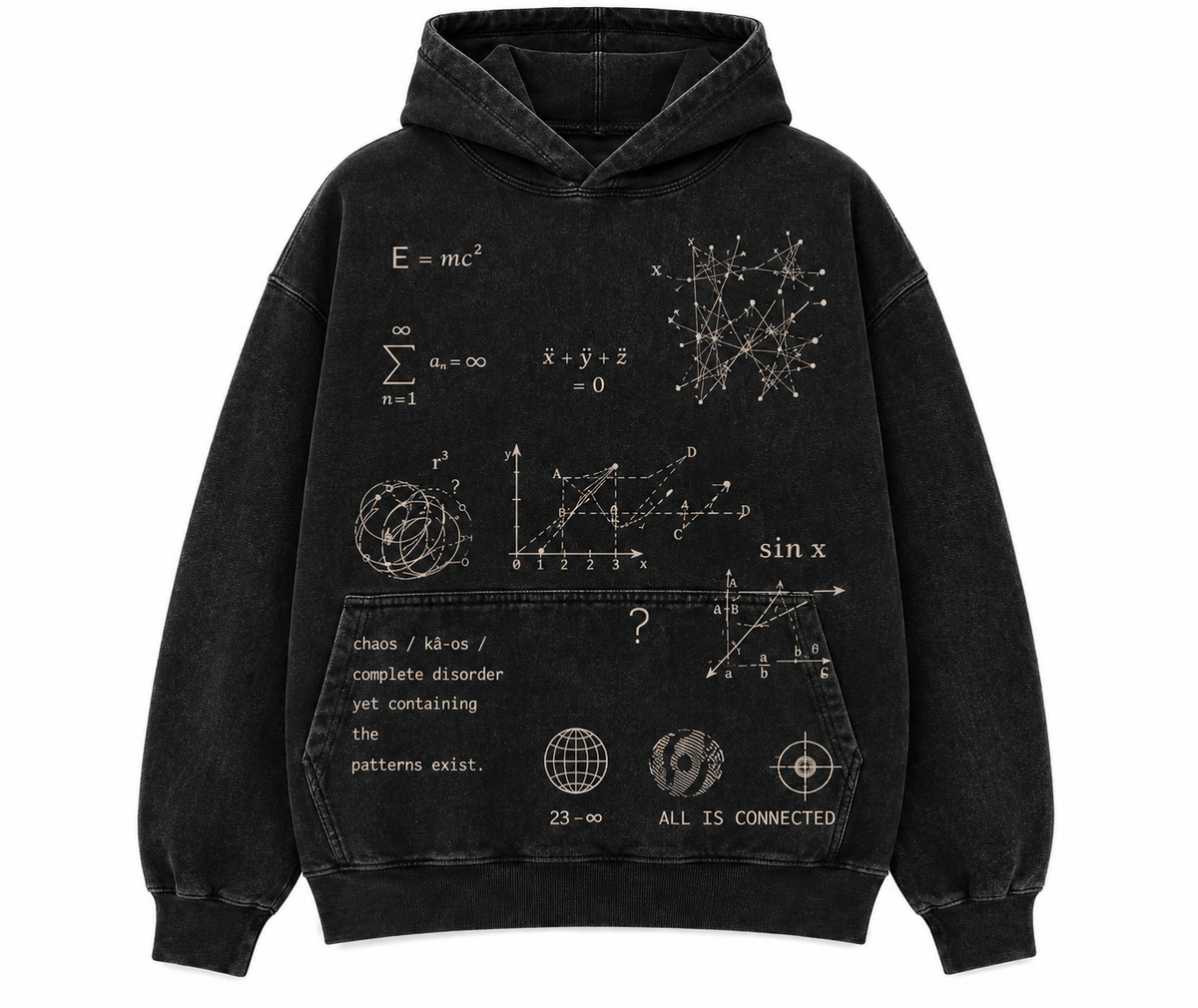 RIGHT GO All Is Connected washed black oversized hoodie with chaos theory equations and science graphic print