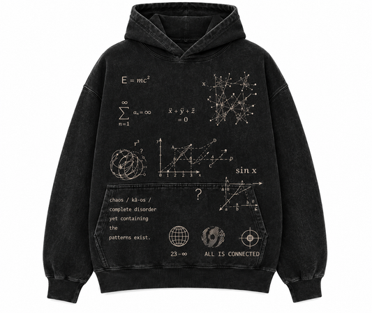 RIGHT GO All Is Connected washed black oversized hoodie with chaos theory equations and science graphic print
