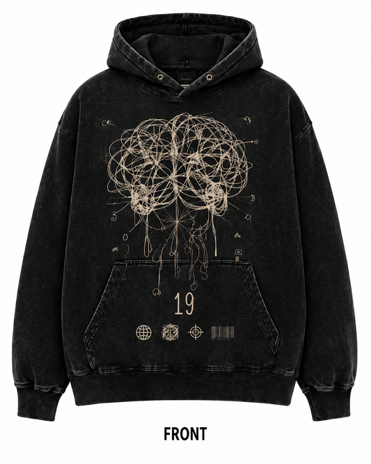 RIGHT GO Mind Map 19 washed black oversized hoodie with abstract neural thread and geometric graphic print