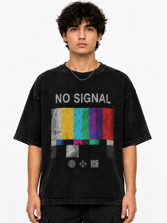 RIGHT GO No Signal oversized washed black tee with TV colour bar test pattern graphic on male model
