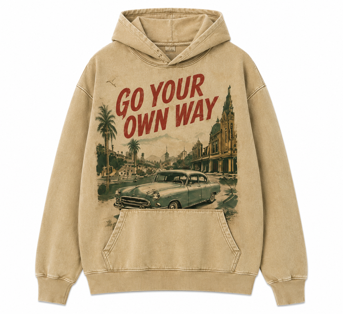 RIGHT GO Go Your Own Way washed sand oversized hoodie with vintage city graphic and classic car print