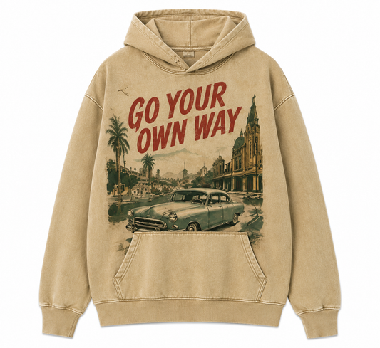 RIGHT GO Go Your Own Way washed sand oversized hoodie with vintage city graphic and classic car print