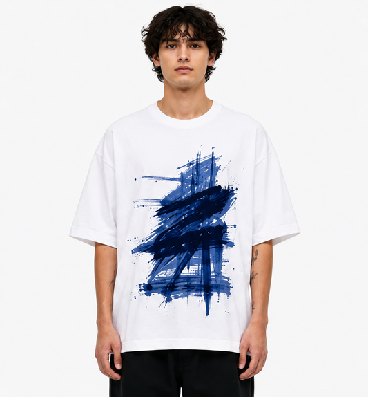 RIGHT GO Static oversized white tee with bold navy blue brushstroke abstract graphic on male model
