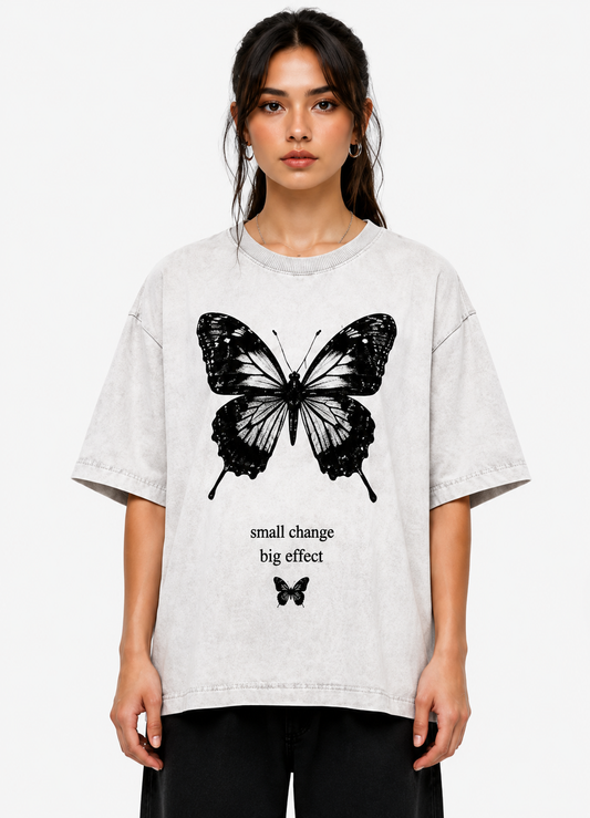 RIGHT GO Butterfly Effect oversized washed stone grey tee with large butterfly graphic on model