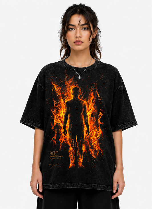 RIGHT GO Ablaze oversized washed black tee with fire silhouette graphic on model