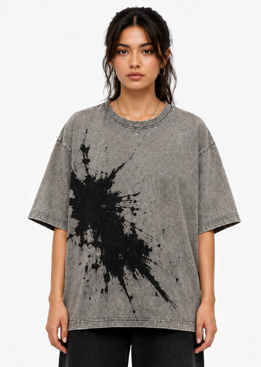 RIGHT GO Ink Burst oversized washed grey T-shirt with bold black ink splatter graphic print on model